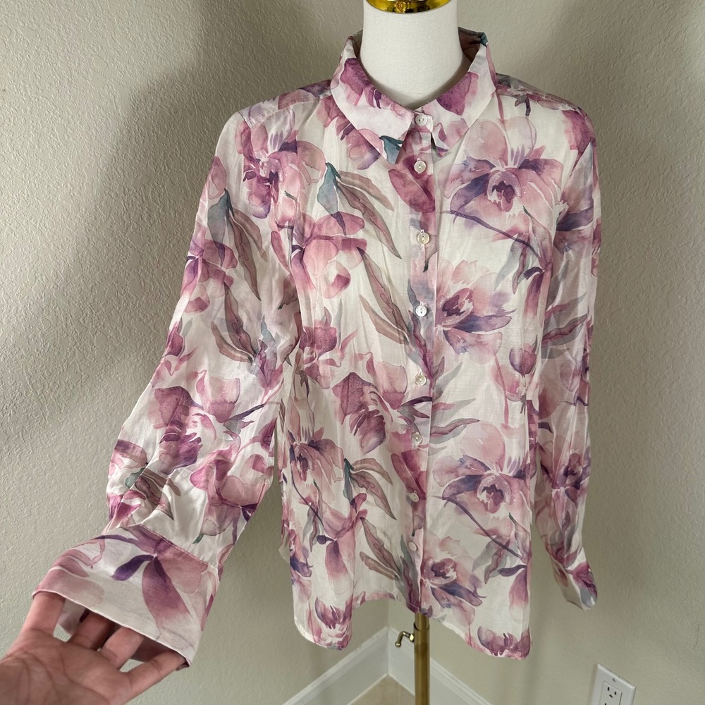 Bailey/44 Button Down Shirt Women L Purple Floral Cottagecore Watercolor Orchid